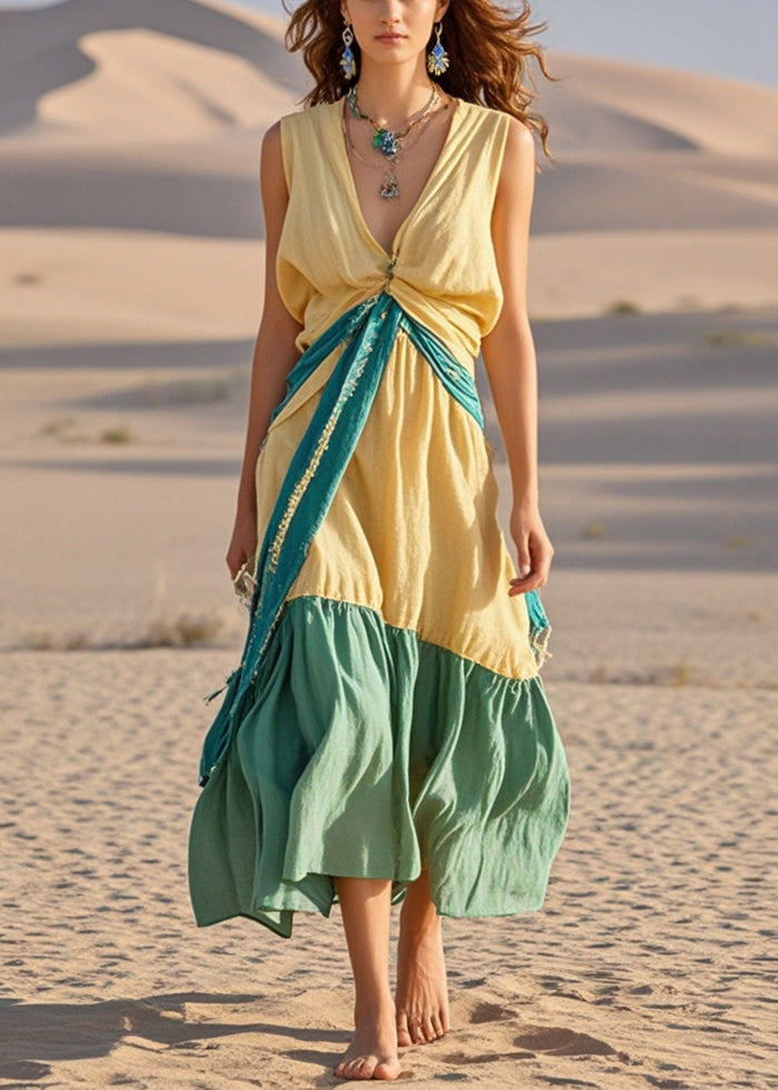 Yellow Asymmetrical Patchwork Cotton Long Dresses Sleeveless
