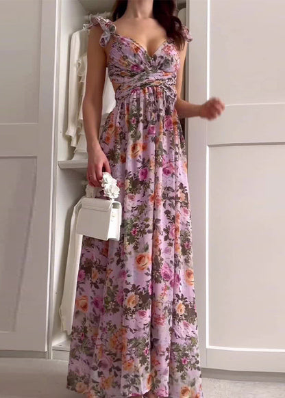 Purple Ruffled Print Hollow Out Chiffon Long Dress Summer