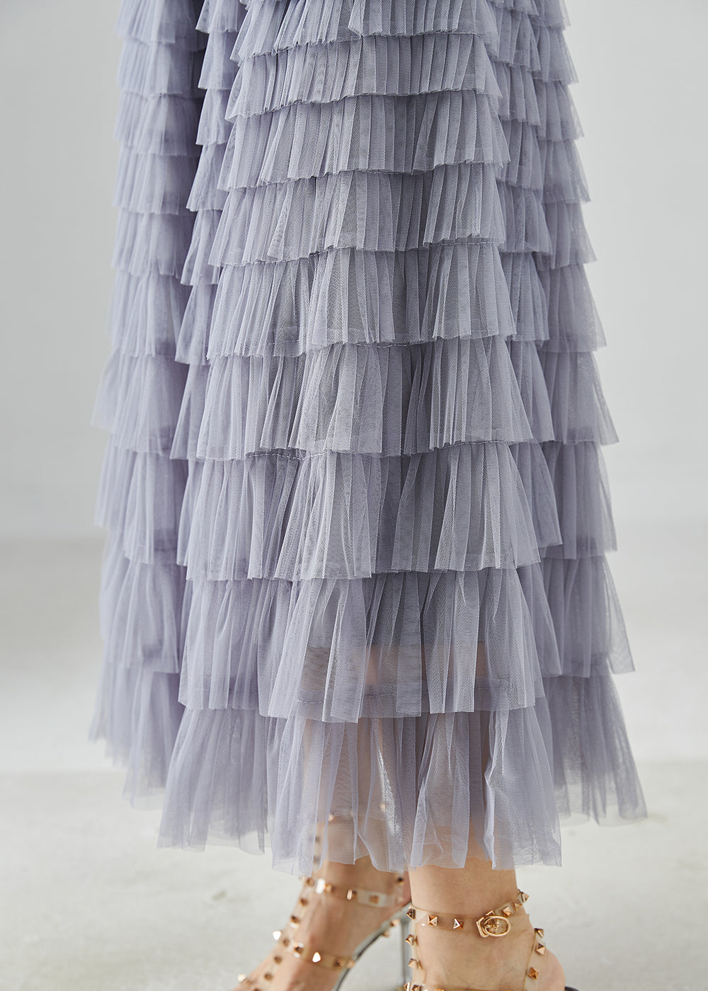Grey Elastic Waist Layered Tulle Skirts Summer