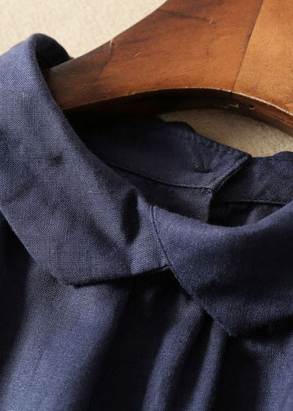 Simple Navy Peter Pan Collar Color Linen Shirts Short Sleeve