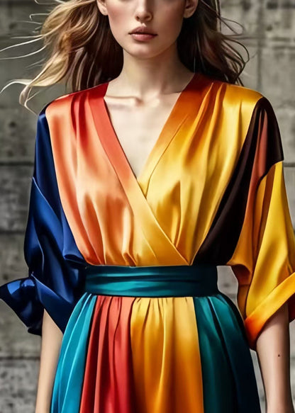 Colorblock V Neck Tie Dye Silk Vestidos Dresses Summer