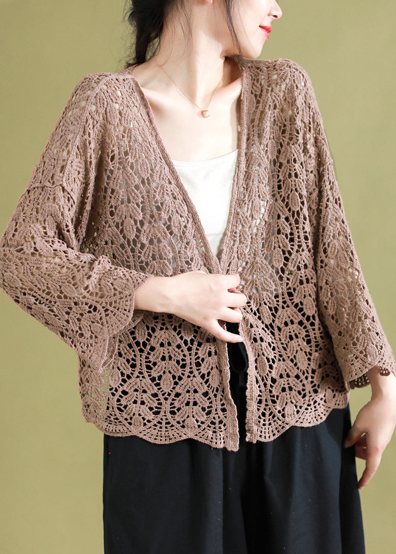 Chocolate V Neck Hollow Out Knitting Cotton Cardigans Summer