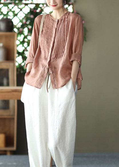 Pink O Neck Patchwork Wrinkled Linen Shirts Spring