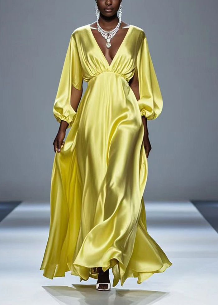 Yellow Hollow Out Draping Silk Party Dresses Fall