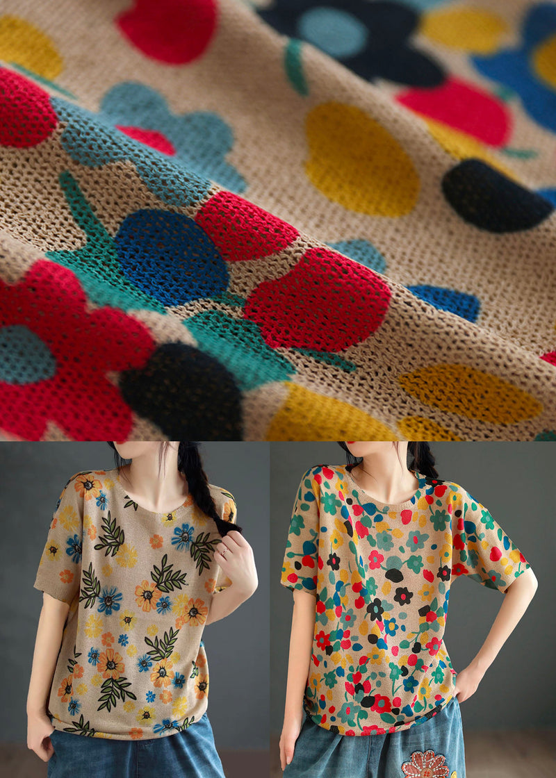 Red Print Patchwork Cotton T Shirt Top O Neck Summer