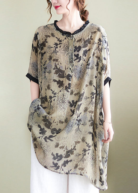 Ruffled Side Open Print Linen Long Shirts Batwing Sleeve