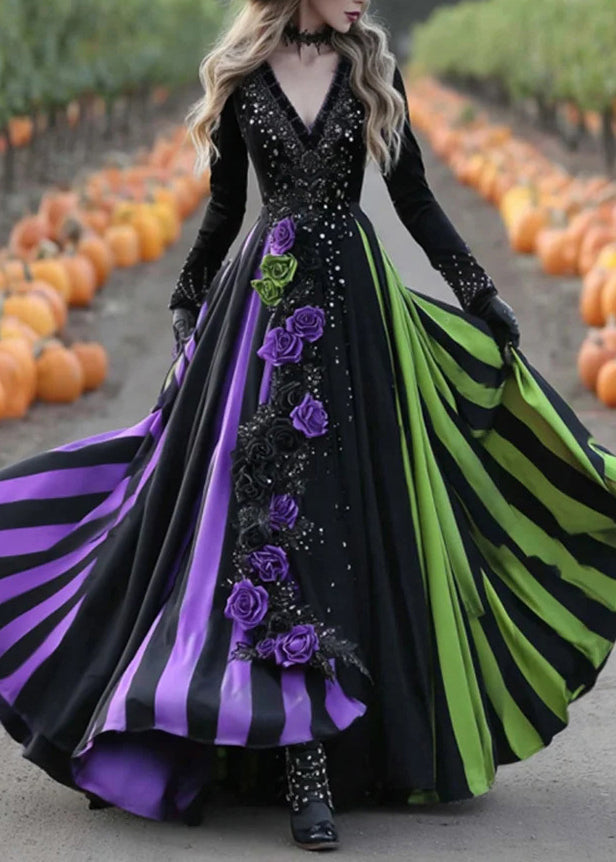 V Neck Striped Print Cotton Long Dress Fall