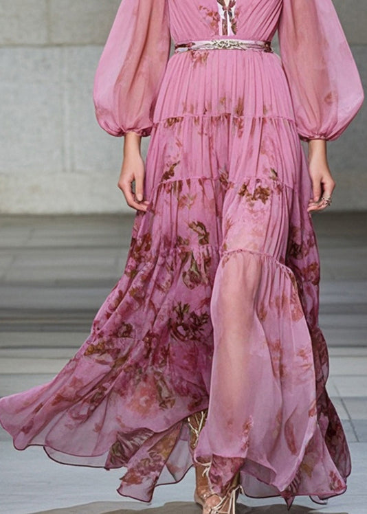 Pink V Neck Print Exra Large Hem Chiffon Party Dresses Fall