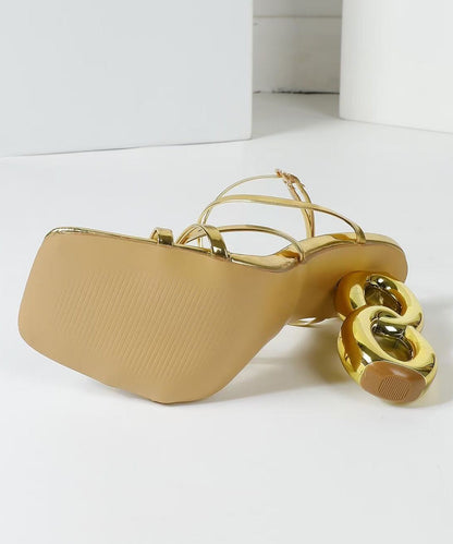Stylish Gold Square Exposed Toe Cross Strap Irregular High Heeled Sandals