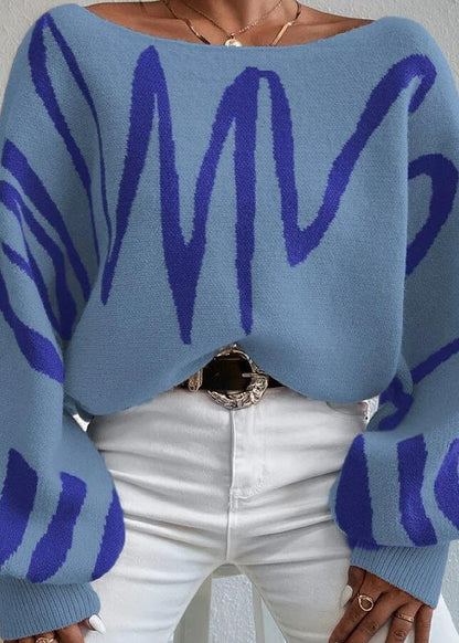 Blue Slash Neck Knit Sweaters Lantern Sleeve