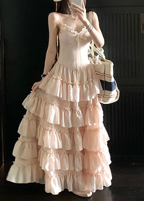 Pink V Neck Ruffled Lace Spaghetti Strap Dress Sleeveless