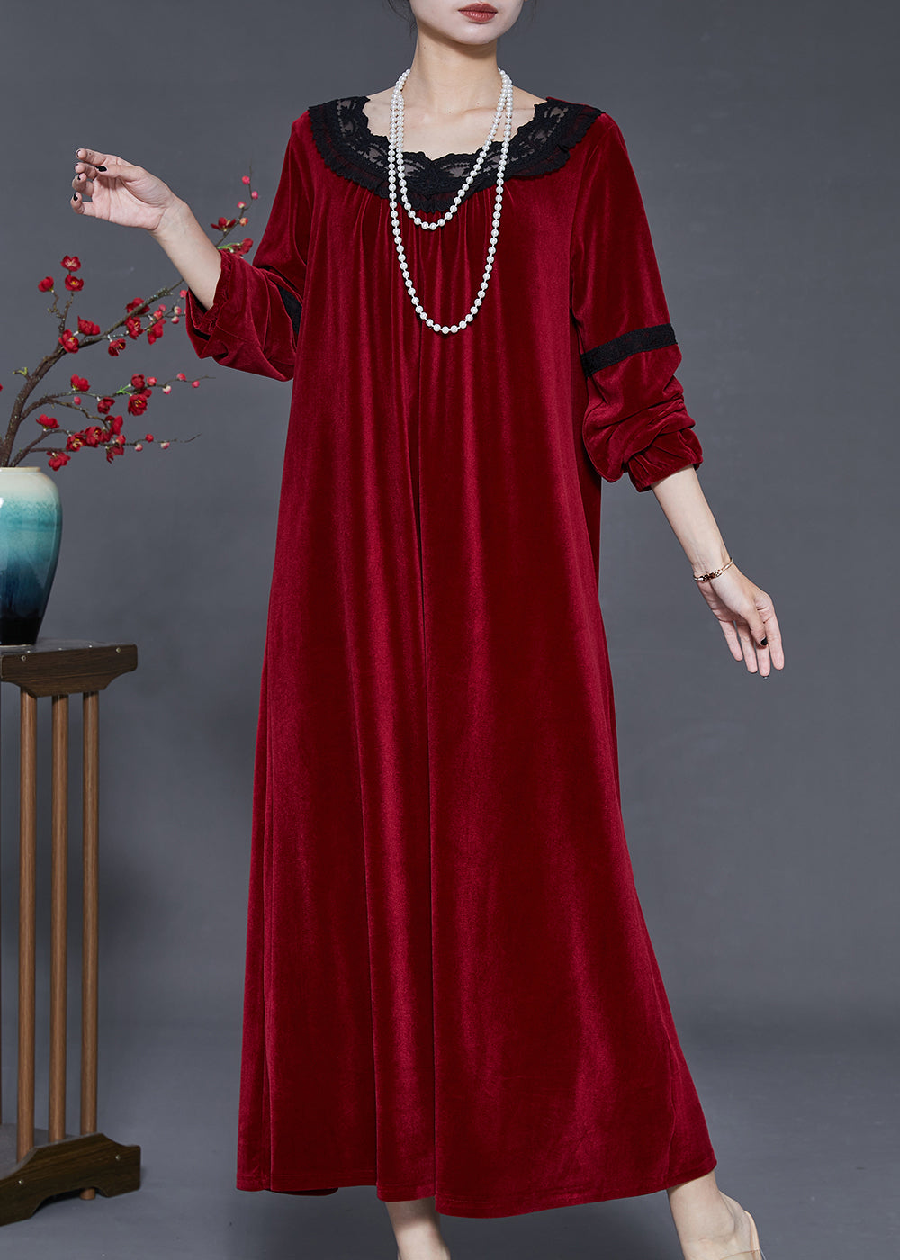 Mulberry Oversized Patchwork Lace Silk Velvet Dress Fall