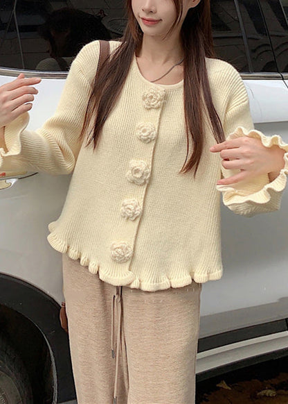 Beige Cozy Knit Sweater O Neck Flare Sleeve