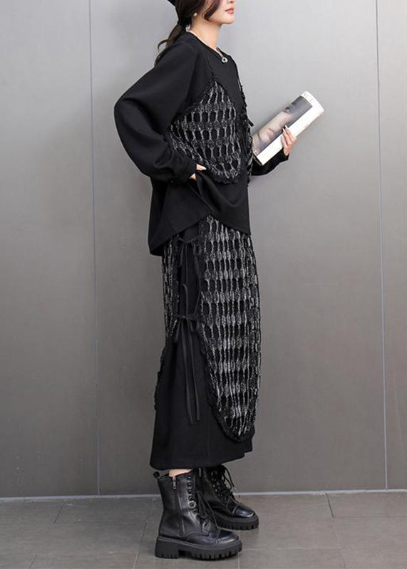 Unique Black O-neck Plaid Patchwork Top and Maxi Skirts Two Piece Set Spring