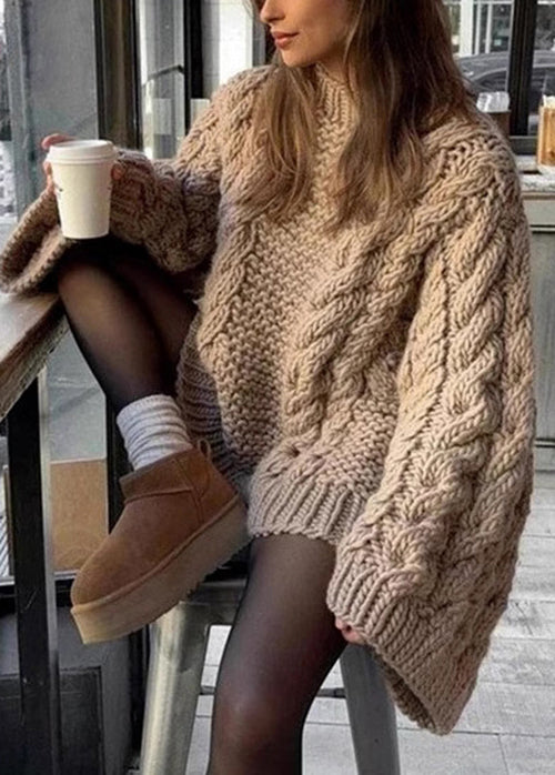 Khaki O Neck Knitted Sweaters Flare Sleeve