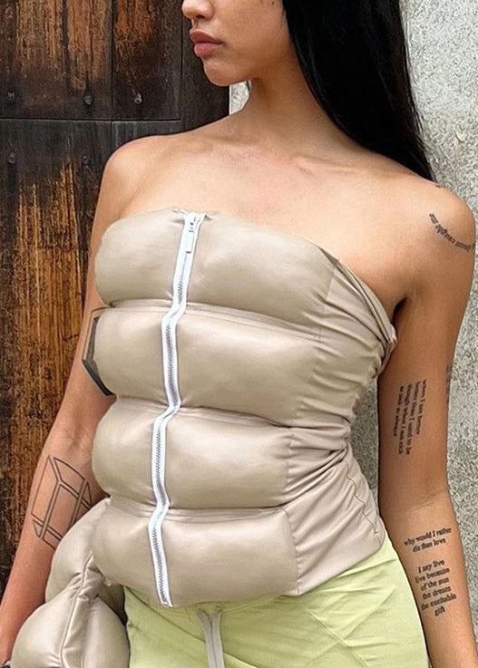 Khaki Cold Shoulder Zipper Strapless Vest