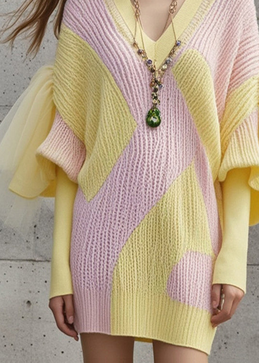 Diy Colorblock V Neck Patchwork Tulle Sweater Dress Fall