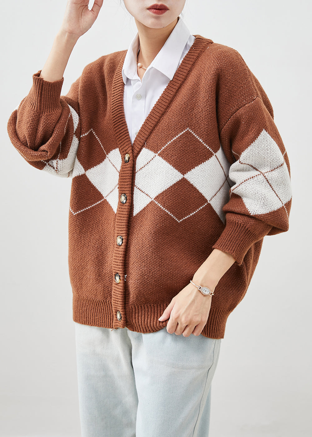 Diy Khaki Oversized Print Knit Cardigan Winter