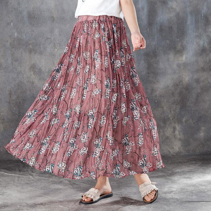 Linen Sundress Elastic Waist Lining Red Pleated Skirts