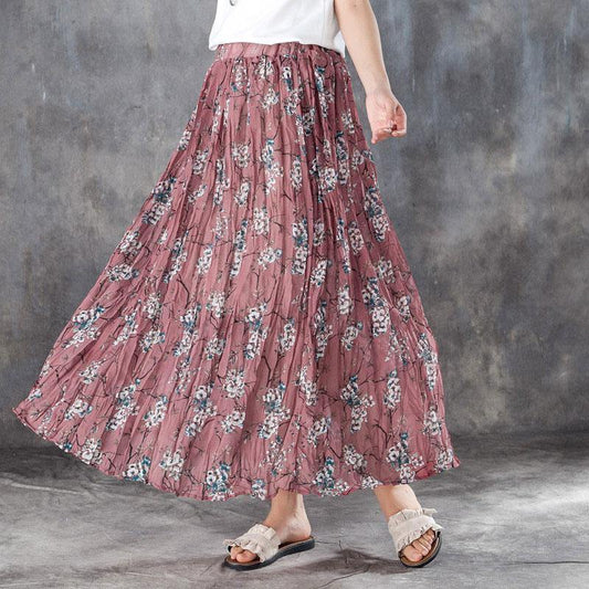 Linen Sundress Elastic Waist Lining Red Pleated Skirts