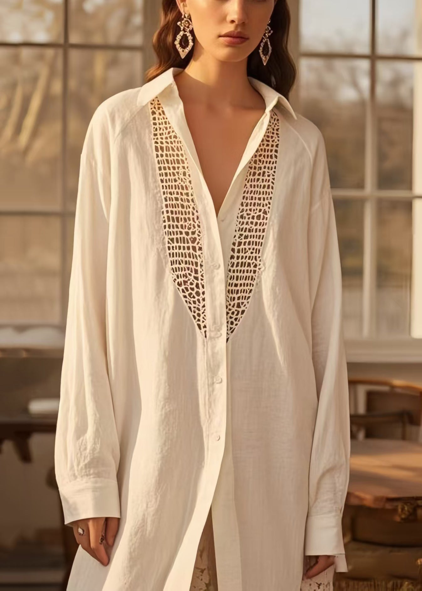 White Hollow Out Cotton Shirt Dresses Oversized Spring
