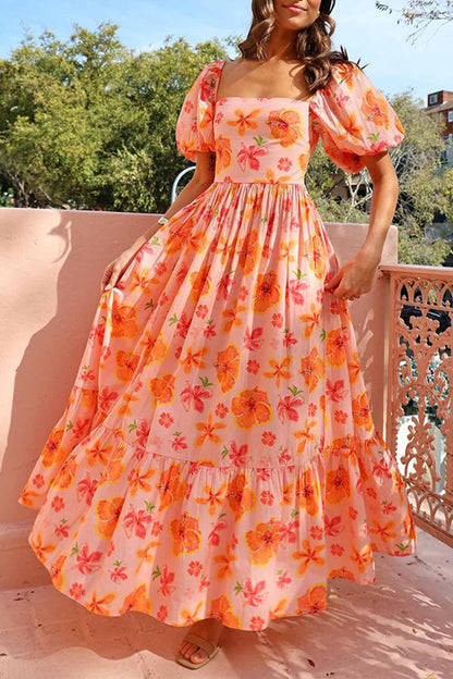 Puff Sleeve Printed A-line Shirred Dress