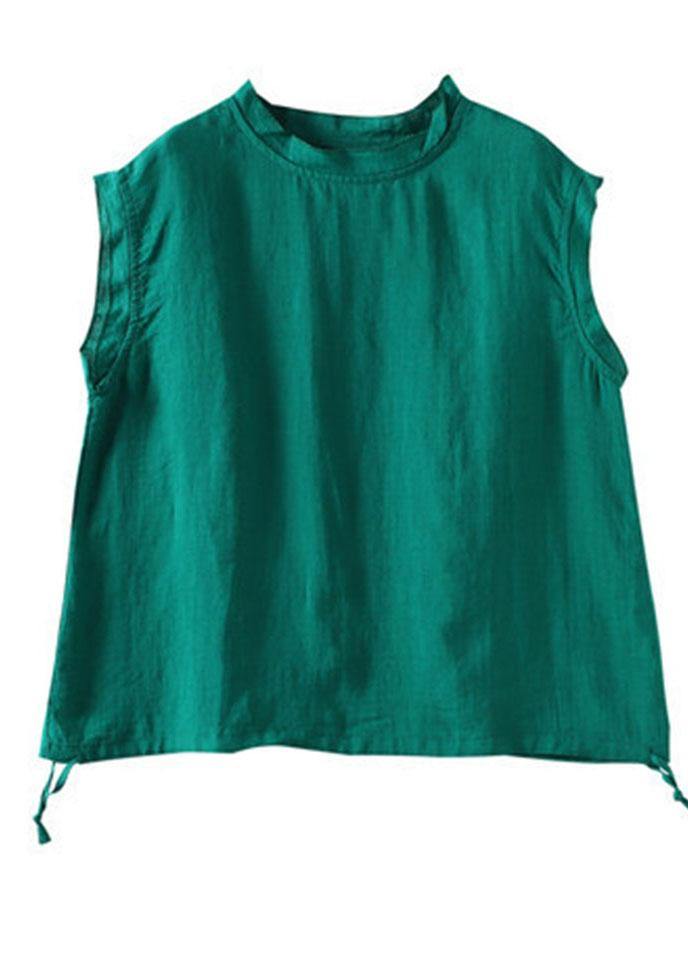 Stylish Green O-neck Sleeveless Linen Summer Tops