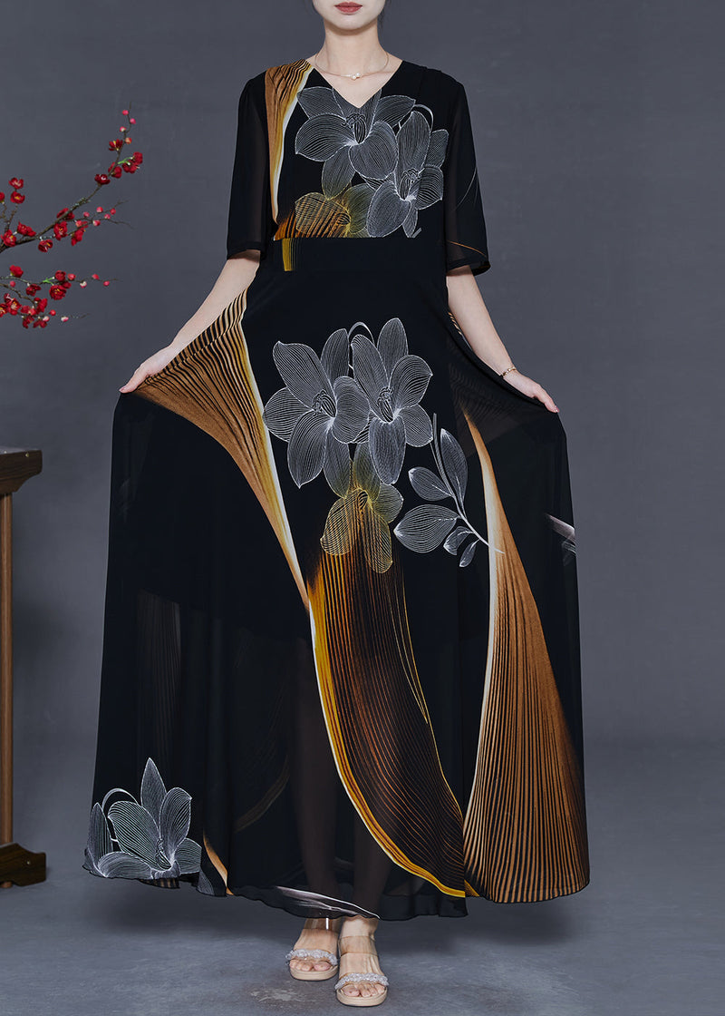Black Print Chiffon Party Dresses Summer