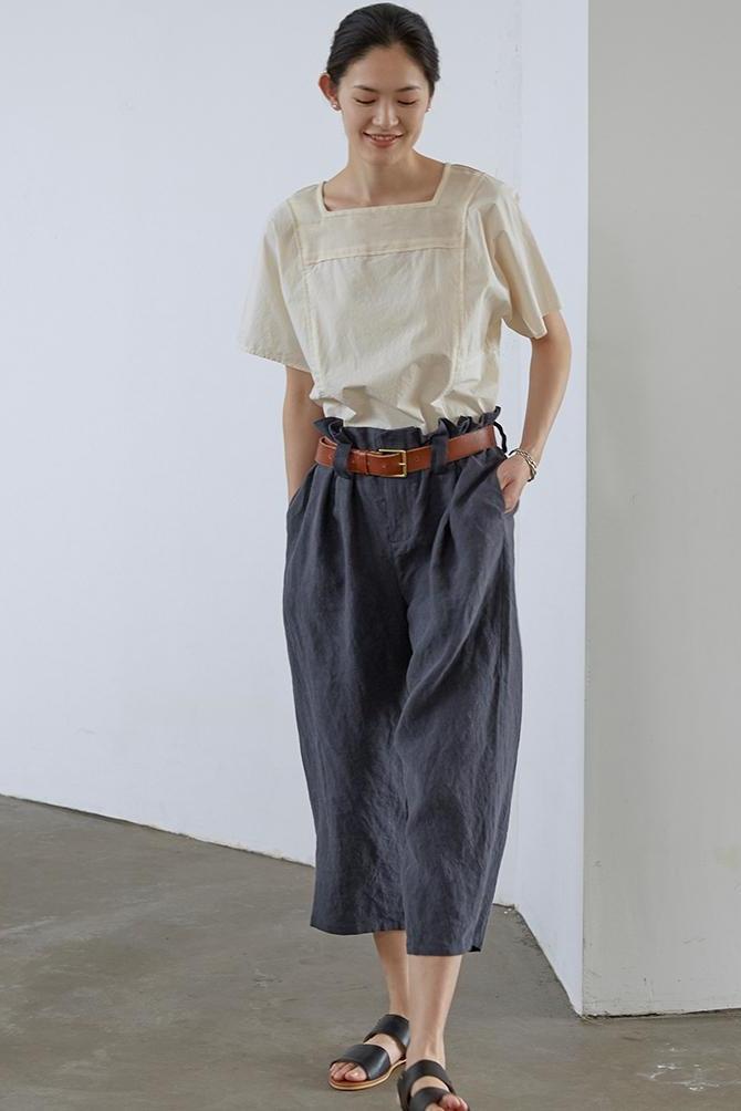 Linen Design Blue Pants Summer Loose Trousers