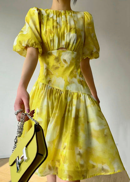 Yellow O Neck Print High Waist Dress Summer