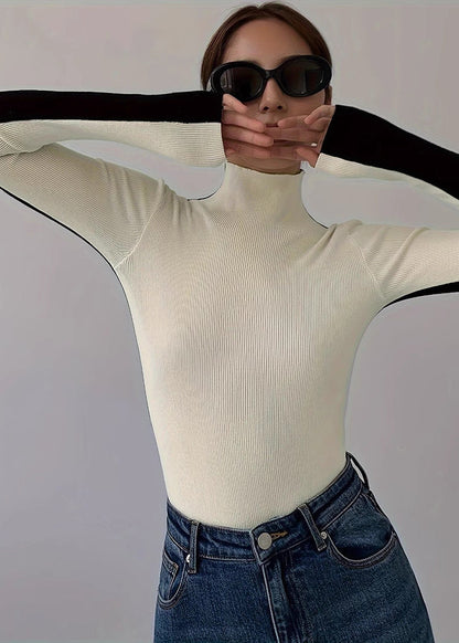 Fitted Black Hign Neck Patchwork Knit Sweaters Top Spring