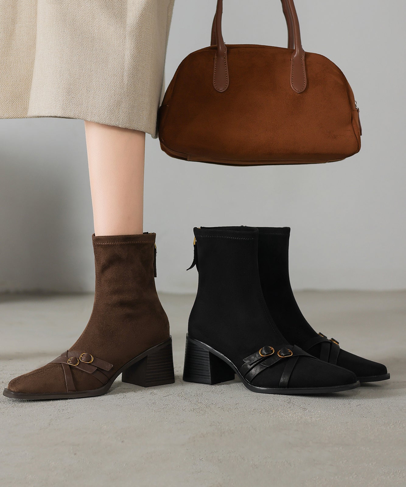 Splicing Chunky Boots Brown Suede Square Toe
