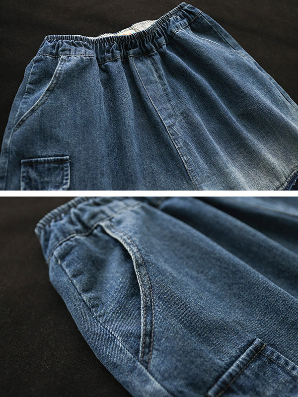 Hollow Elasticity Applique Denim Ninth Pants