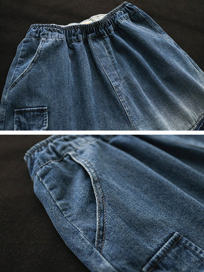 Hollow Elasticity Applique Denim Ninth Pants