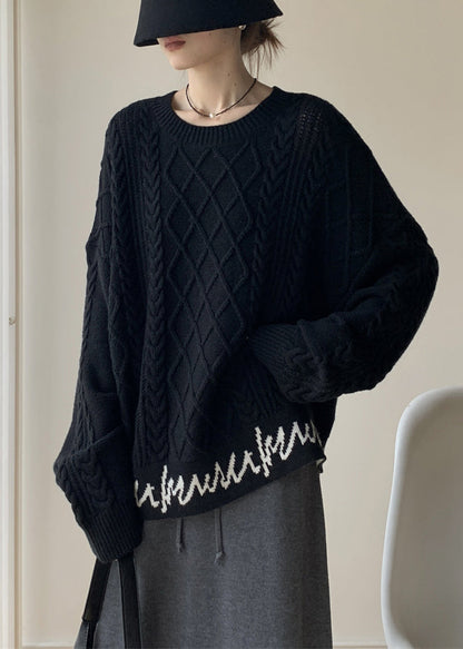 French Black O-neck Letter Cable Knit Sweaters Winter