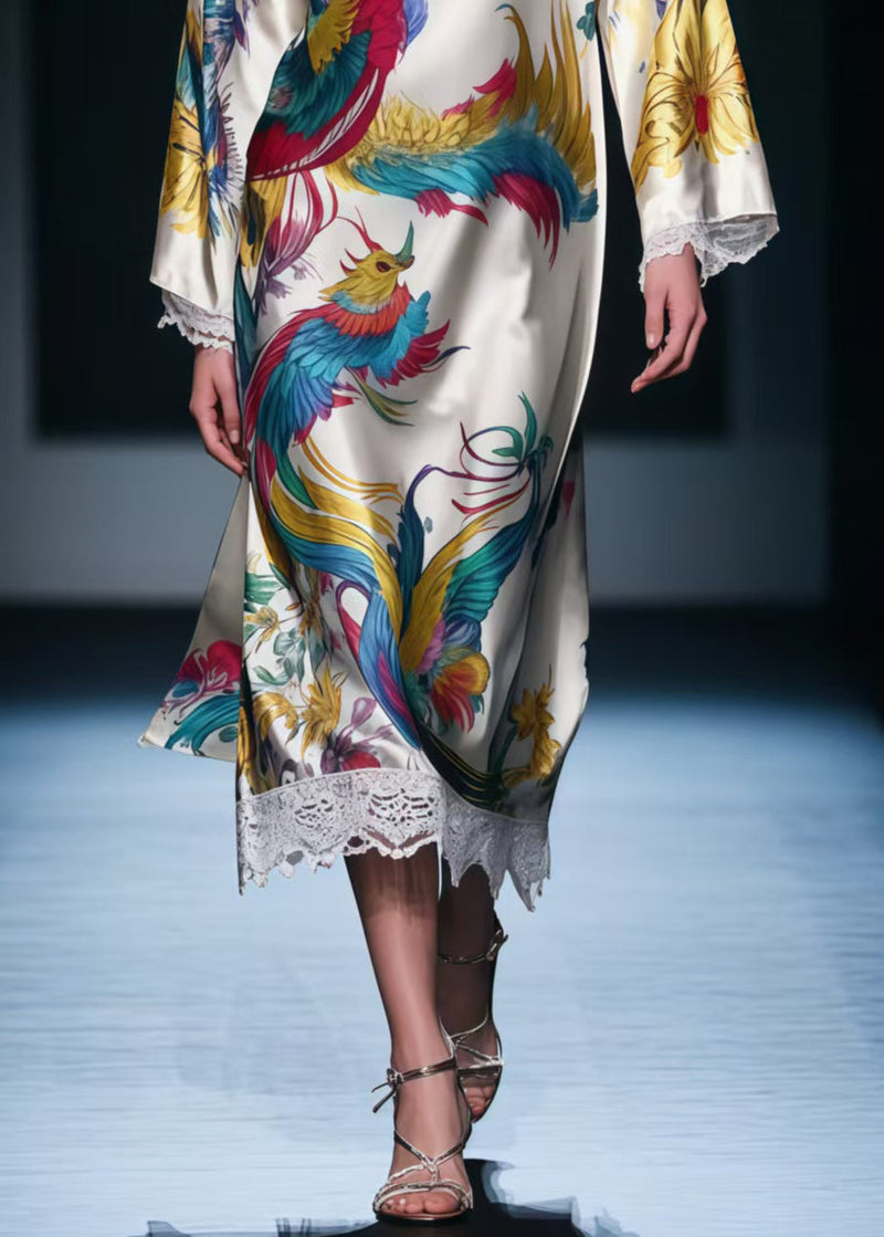 Apricot Patchwork Lace Holiday Dresses Phoenix Print Spring