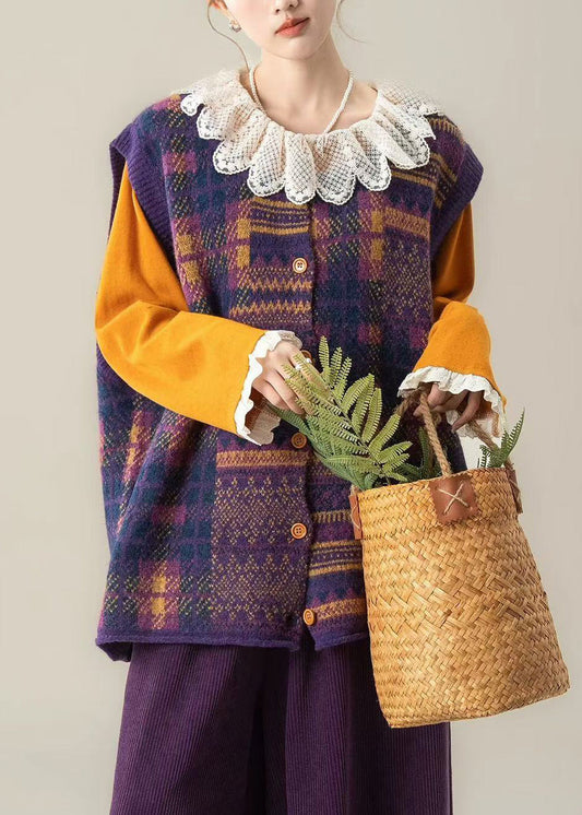 Brown Oversized Print Knit Vests Winter