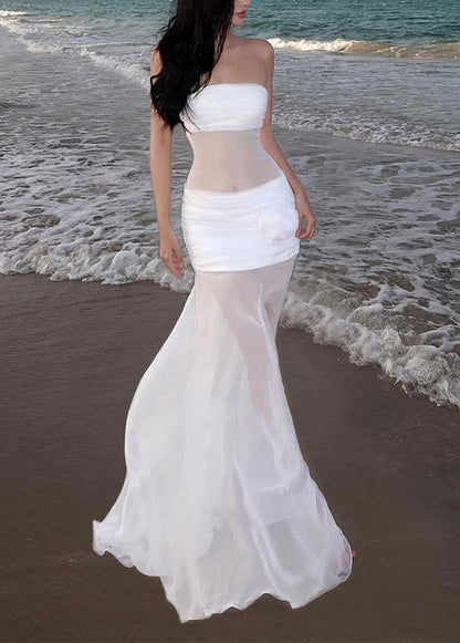 White Cold Shoulder Tulle Long Dress Sleeveless