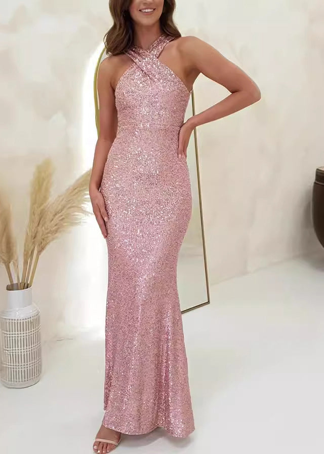 Pink Backless Sequins Slim Fit Dress Sleeveless