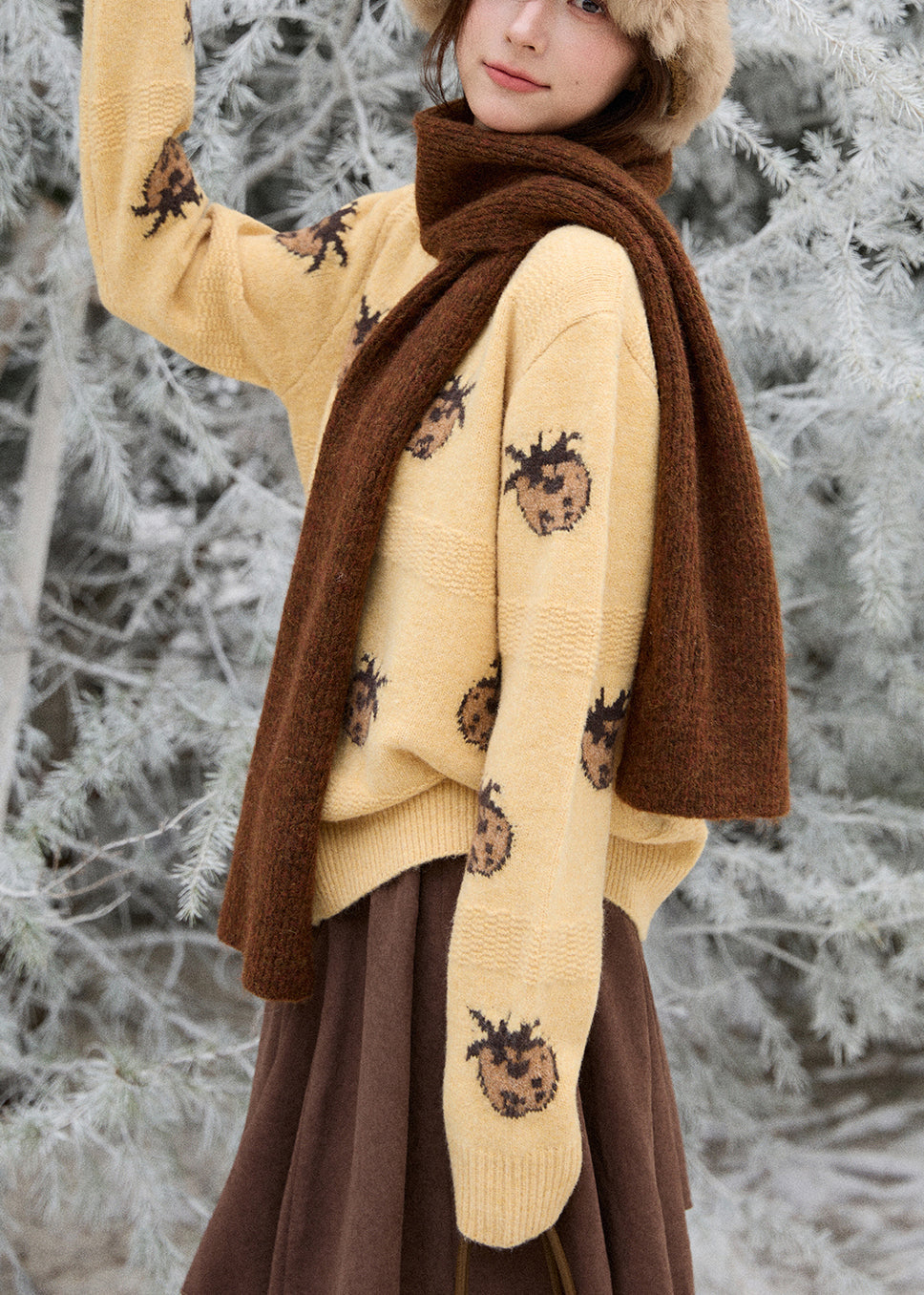 Apricot Print Button Cotton Knit Cardigan Long Sleeve