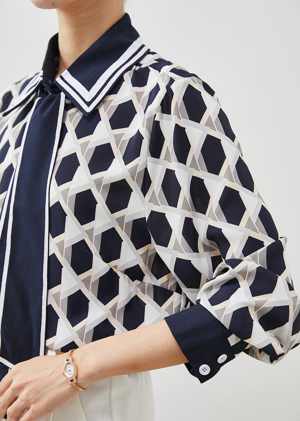 Navy Peter Pan Collar Print Chiffon Blouses Summer