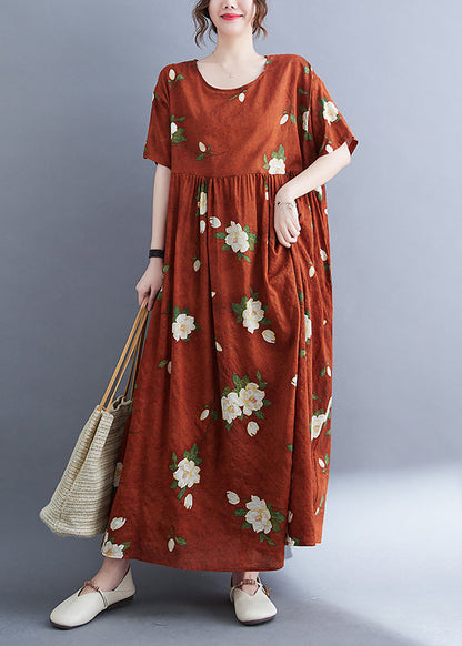 Organic Red Patchwork Wrinkled Maxi Dress Short Sleeve