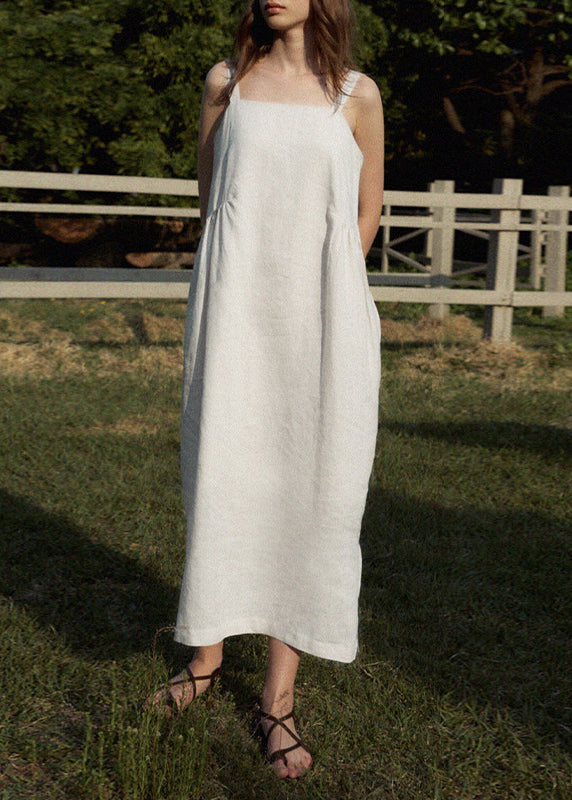French White Backless Linen Spaghetti Strap Dresses Sleeveless