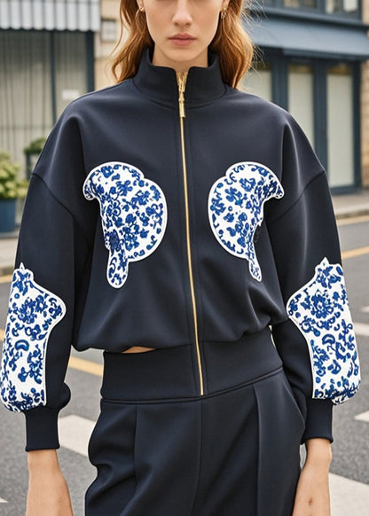 Black Zip Up Patchwork Print Cotton Coat Fall
