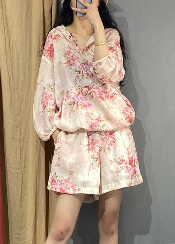 Pink Print Hooded Shirts and Shorts Two Piece Set Long Sleeve