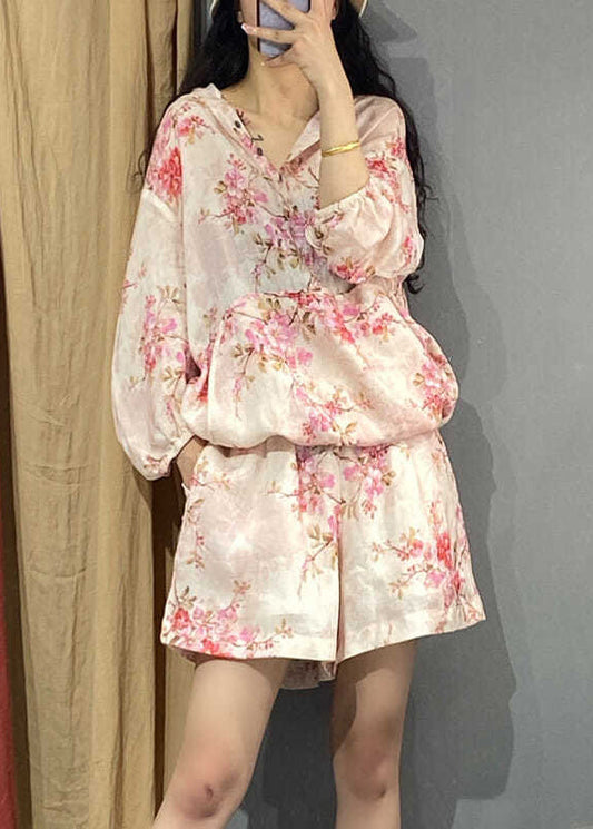 Pink Print Hooded Shirts and Shorts Two Piece Set Long Sleeve