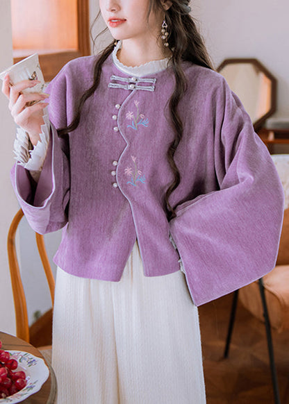 Purple Embroidered Button Cotton Coat Flare Sleeve