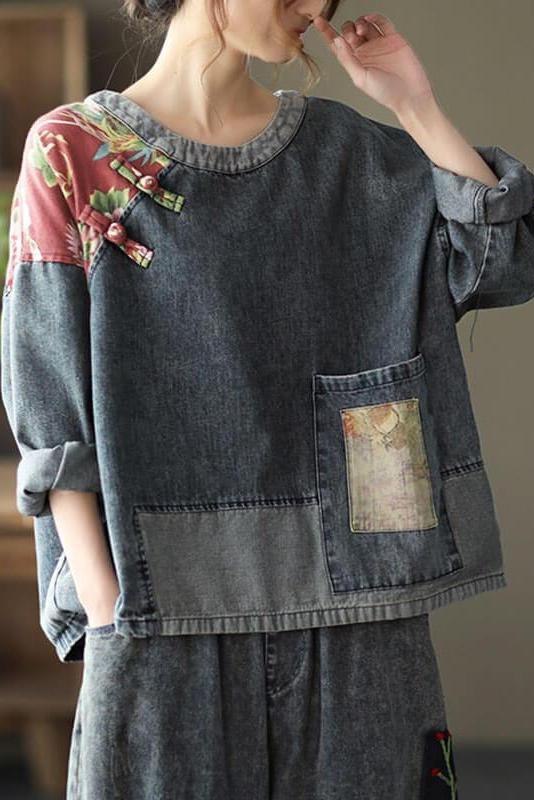 Retro Stitching Patchwork Print Denim Sweatshirt