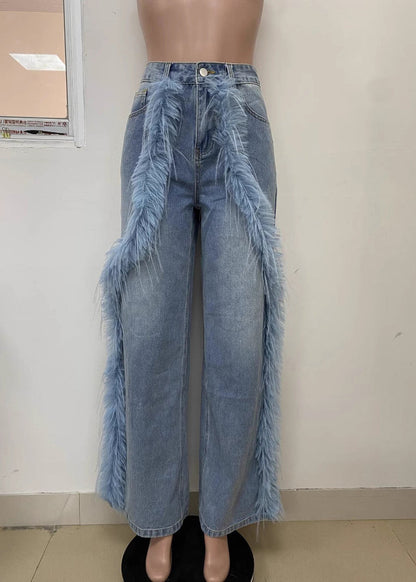 Italian Blue Tasseled Pockets Patchwork Denim Pants Fall