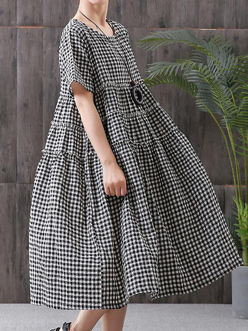 100%cotton Short Sleeve Plaid Dress
